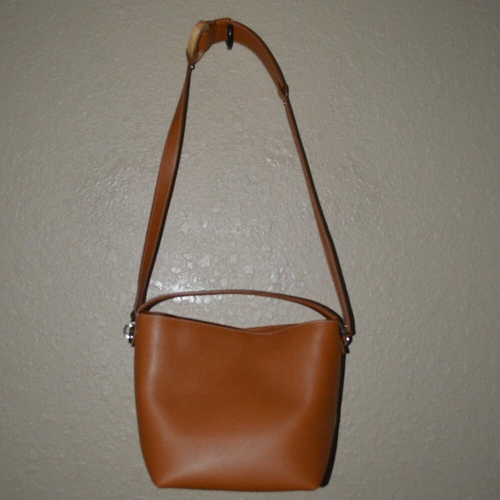 $1295 Perrin Brown Leather Bucket Shoulder Handbag
